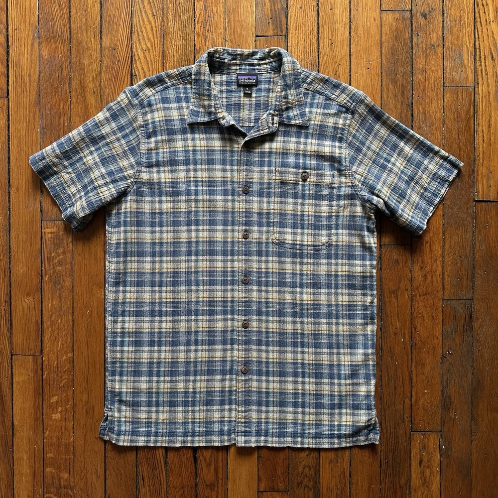 Patagonia A/C Lightweight Button‎ Up Shirt Men Medium Blue White Plaid Check SS